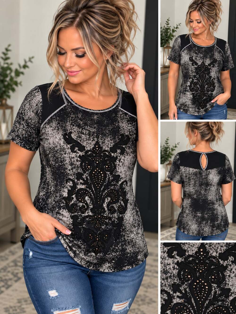 Vocal Apparel Embellished Cross Crystal Blouse Black Women’s L
